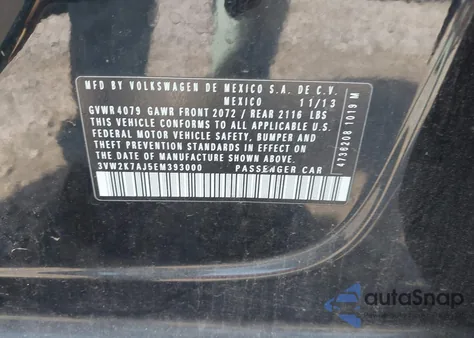 2014 Volkswagen Jetta 2.0L S из США, поврежденный, VIN 3VW2K7AJ5EM393000